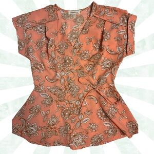 Monteau Floral Wrap Blouse in Coral Brown and Ivory Juniors Size Small